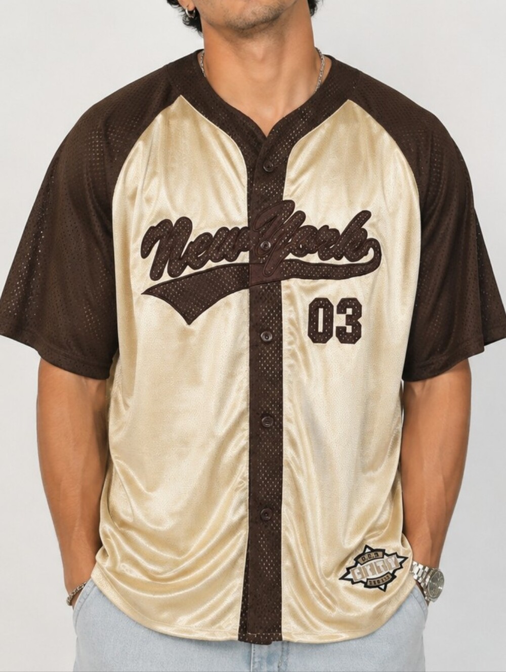 Vintage Y2K 212 NYC Sports New York Baseball Jersey XL Tan Brown #03 USA City